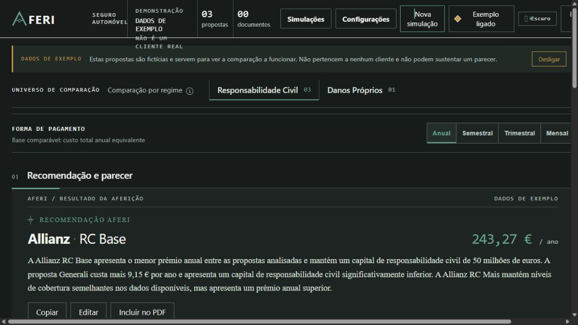 AFERI, exemplo demonstrativo de comparação de seguros
