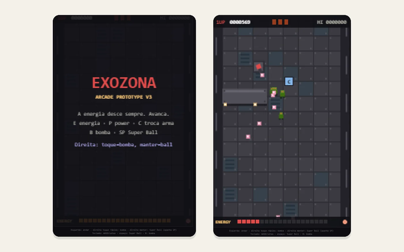 Exozona, menu e protótipo de shooter top-down