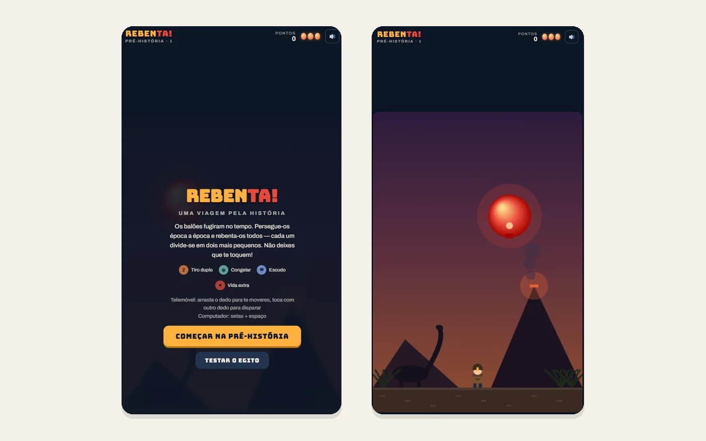 REBENTA!, menu e ecrã de jogo arcade